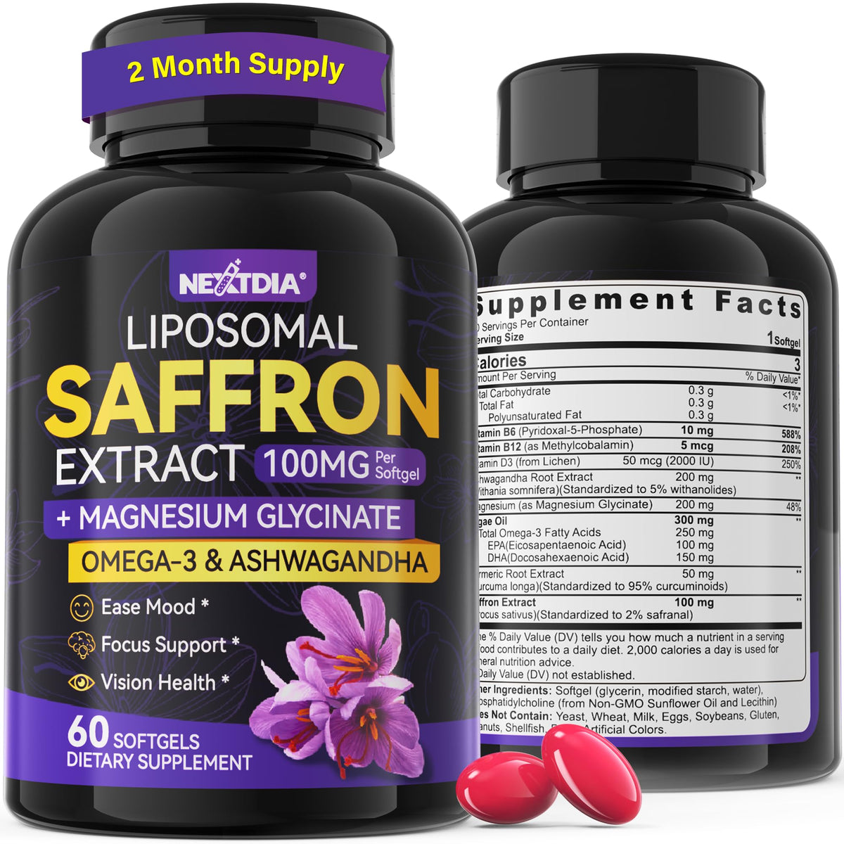 Nextdia Saffron Magnesium Glycinate Omega-3 supplement softgel front view
