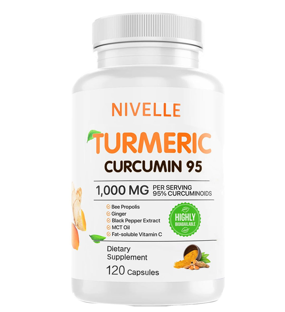 NIVELLE Turmeric Curcumin 1000mg supplement bottle front view