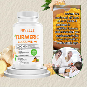 NIVELLE Turmeric Curcumin 1000mg supplement bottle on a kitchen counter