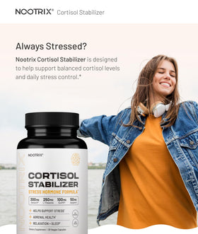 Nootrix Cortisol Manager supplement capsules on a wooden table
