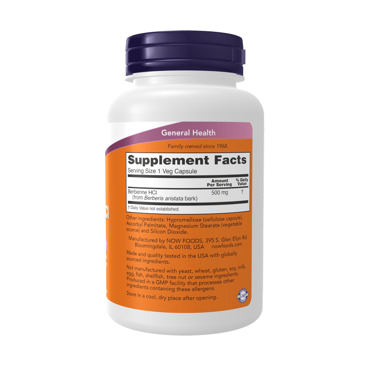NOW Foods Berberine HCL 500 mg 90 Veg Capsules side view
