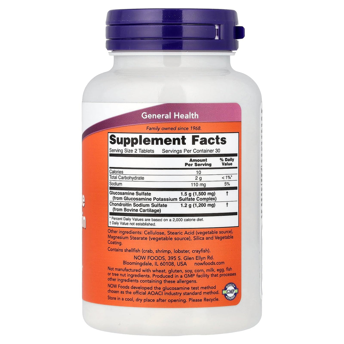 NOW Foods Extra Strength Glucosamine & Chondroitin 60 Tablets side view with label