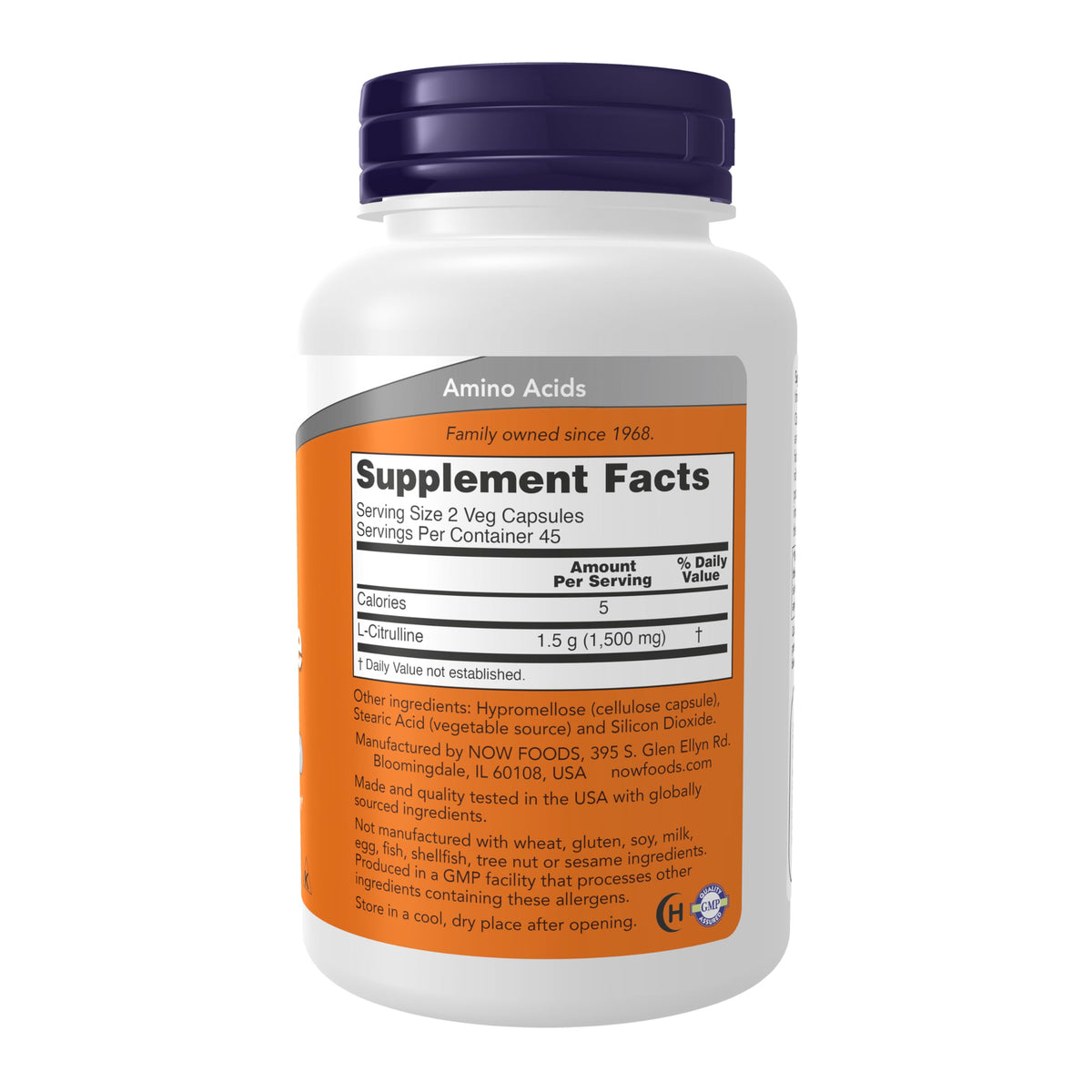 NOW Foods L-Citrulline 750 mg vegan capsules side view