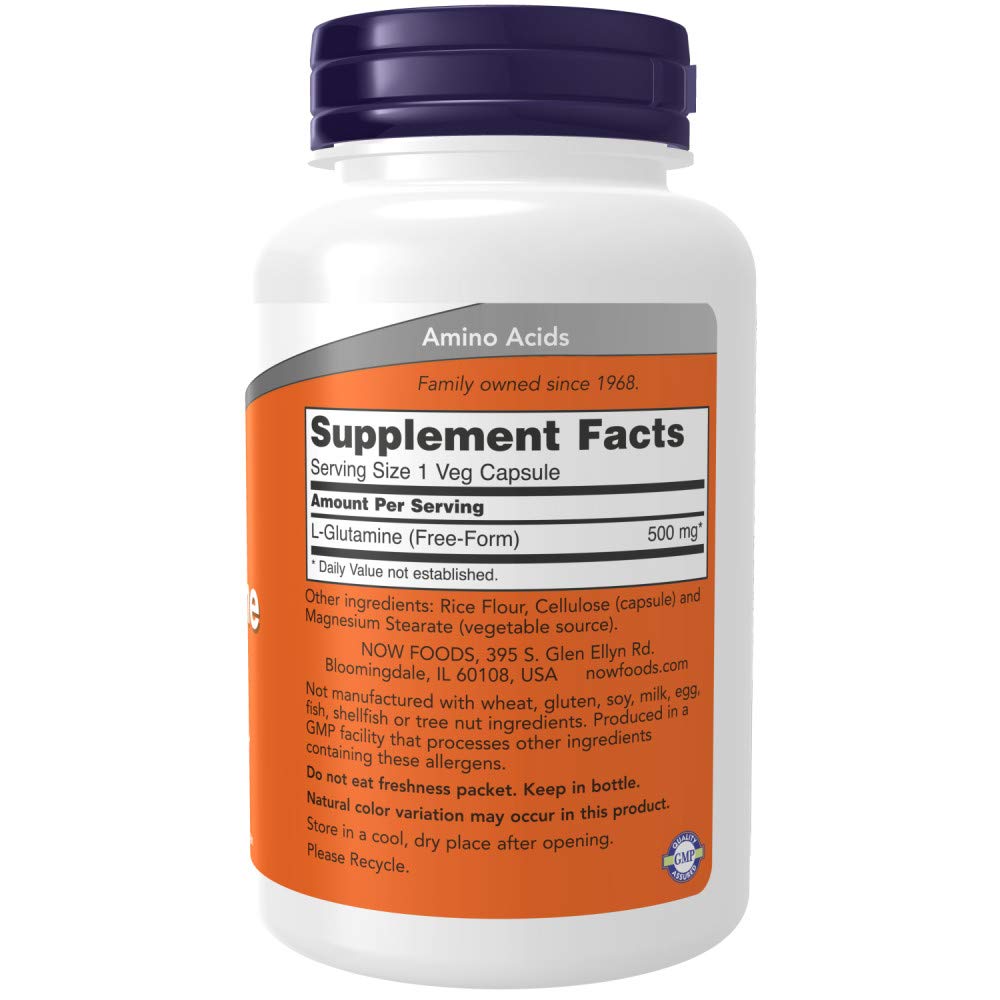 NOW Foods L-Glutamine 500mg side view with label
