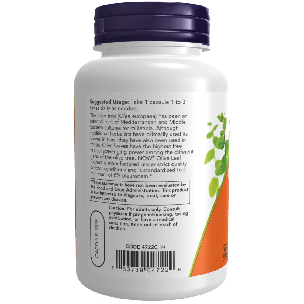 NOW Foods Olive Leaf Extract 500mg 120 Vcaps back view