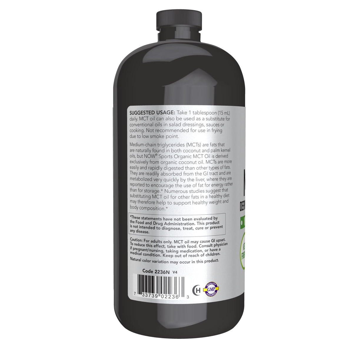 NOW Foods Organic MCT Oil bottle side view with measurements