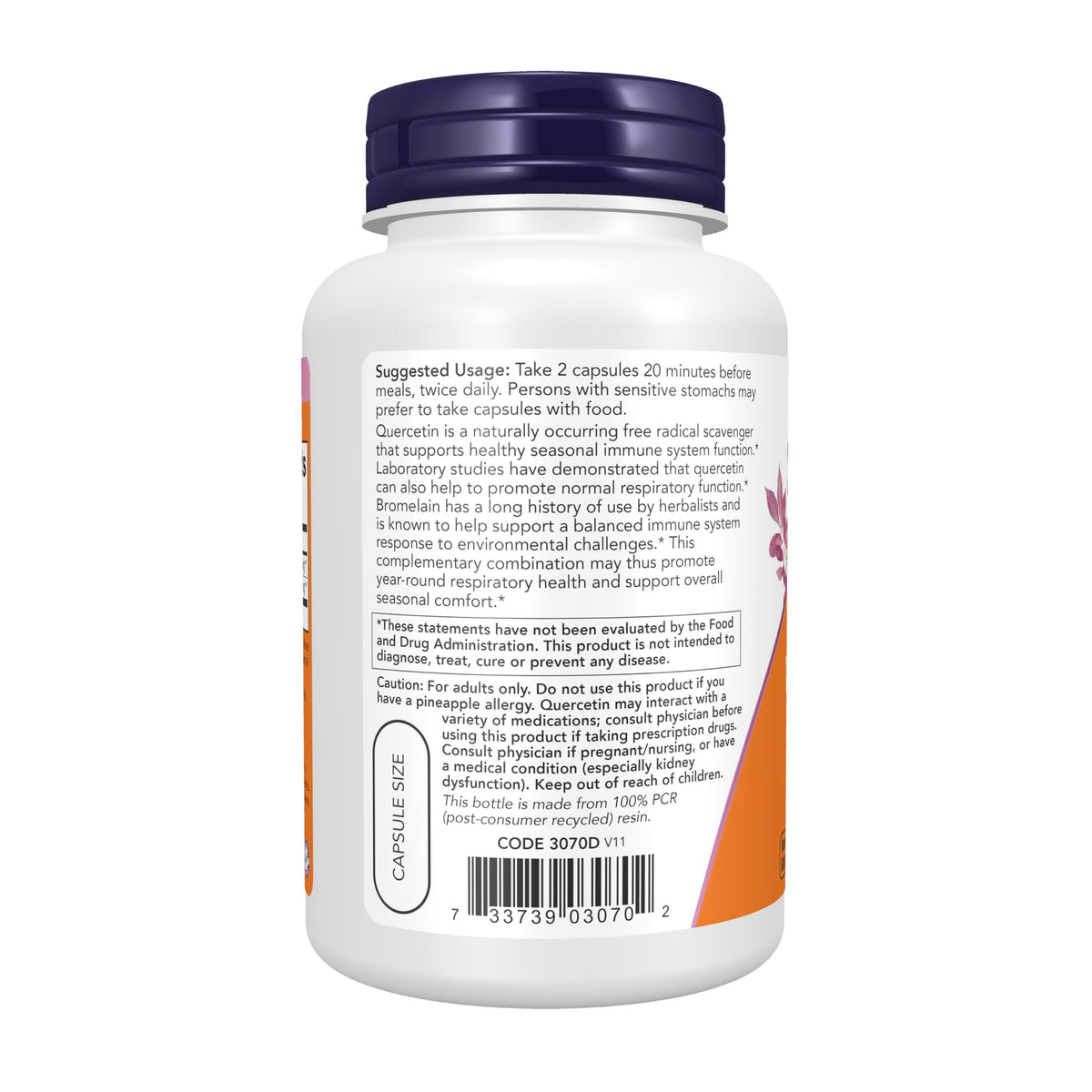 NOW Foods Quercetin with Bromelain bottle side view