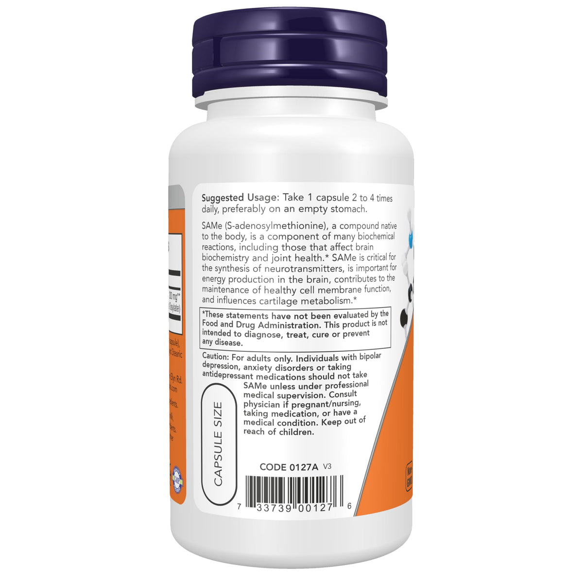 NOW Foods SAMe 200 mg veg capsules back view