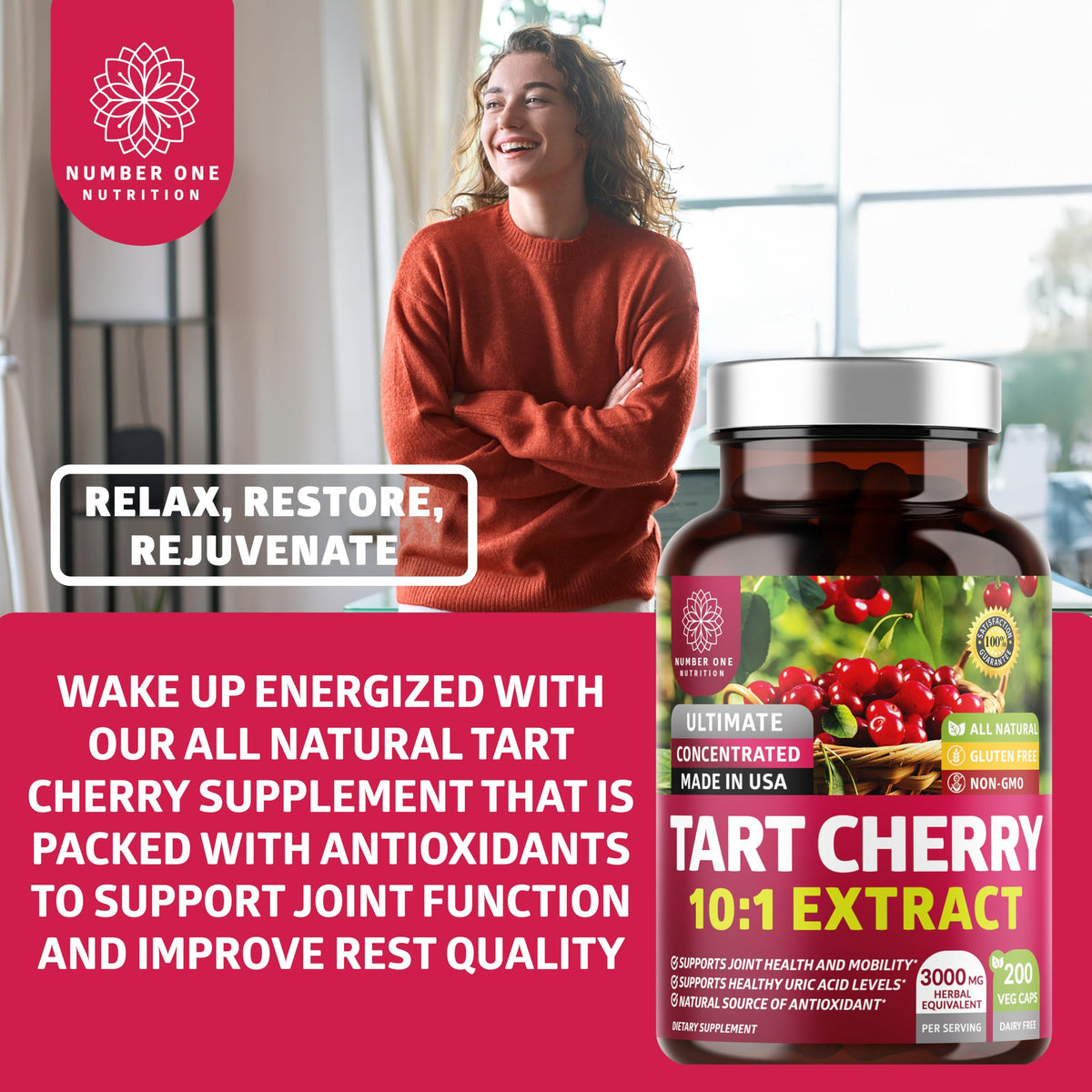 Number One Nutrition Tart Cherry Extract Capsules on a wooden table