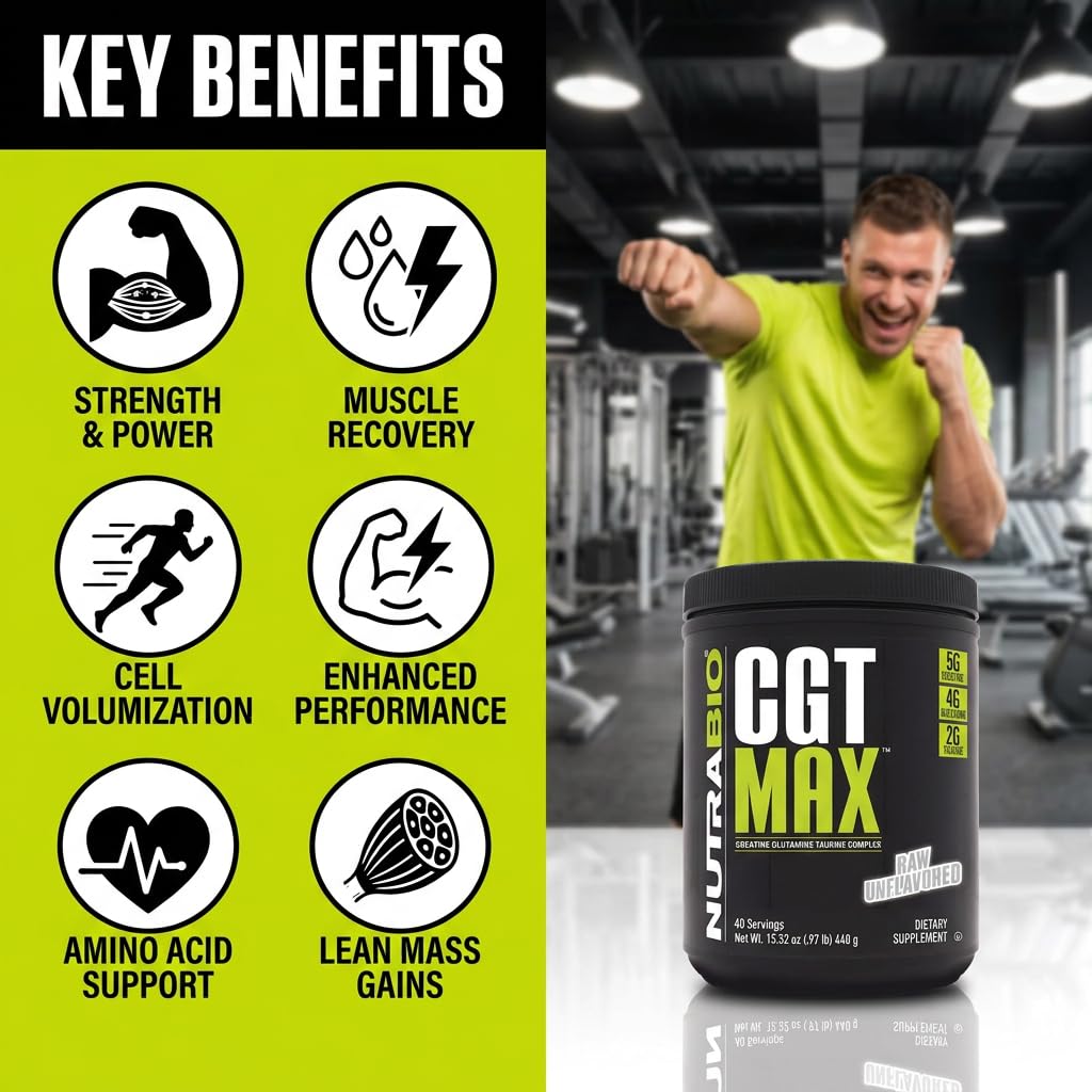 NutraBio CGT-MAX Powder displayed with gym equipment