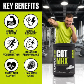 NutraBio CGT-MAX Powder displayed with gym equipment