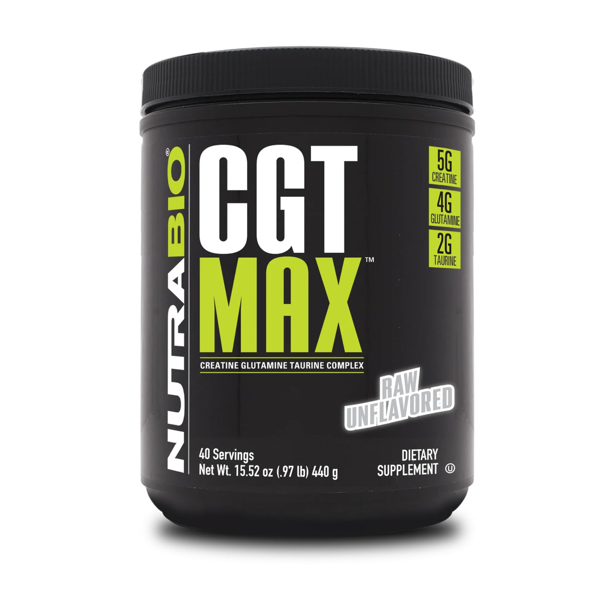 NutraBio CGT-MAX Powder front view with unflavoured powder