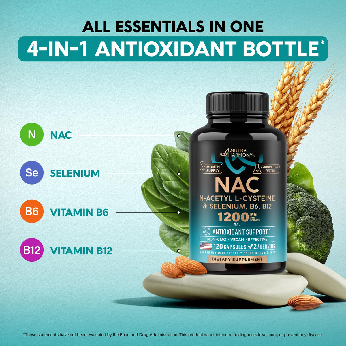 NUTRAHARMONY NAC Supplement 1200 mg back view