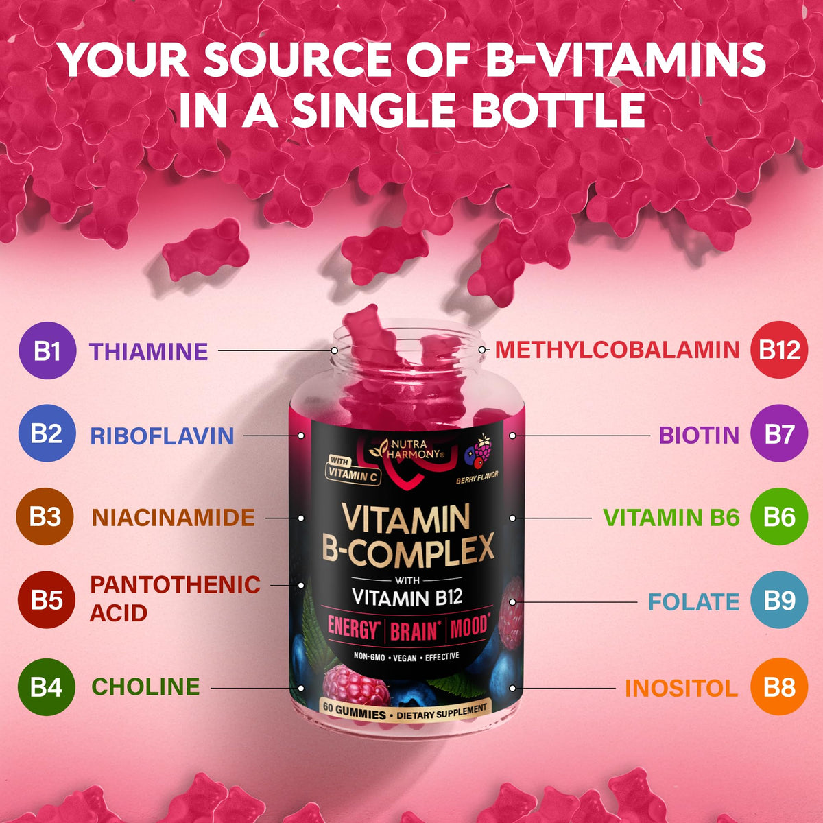 NUTRAHARMONY Vitamin B-Complex Gummies back view with nutritional information