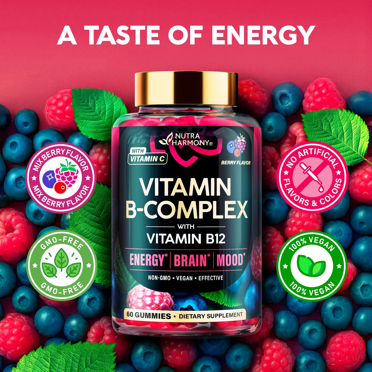 NUTRAHARMONY Vitamin B-Complex Gummies lifestyle shot with fresh berries