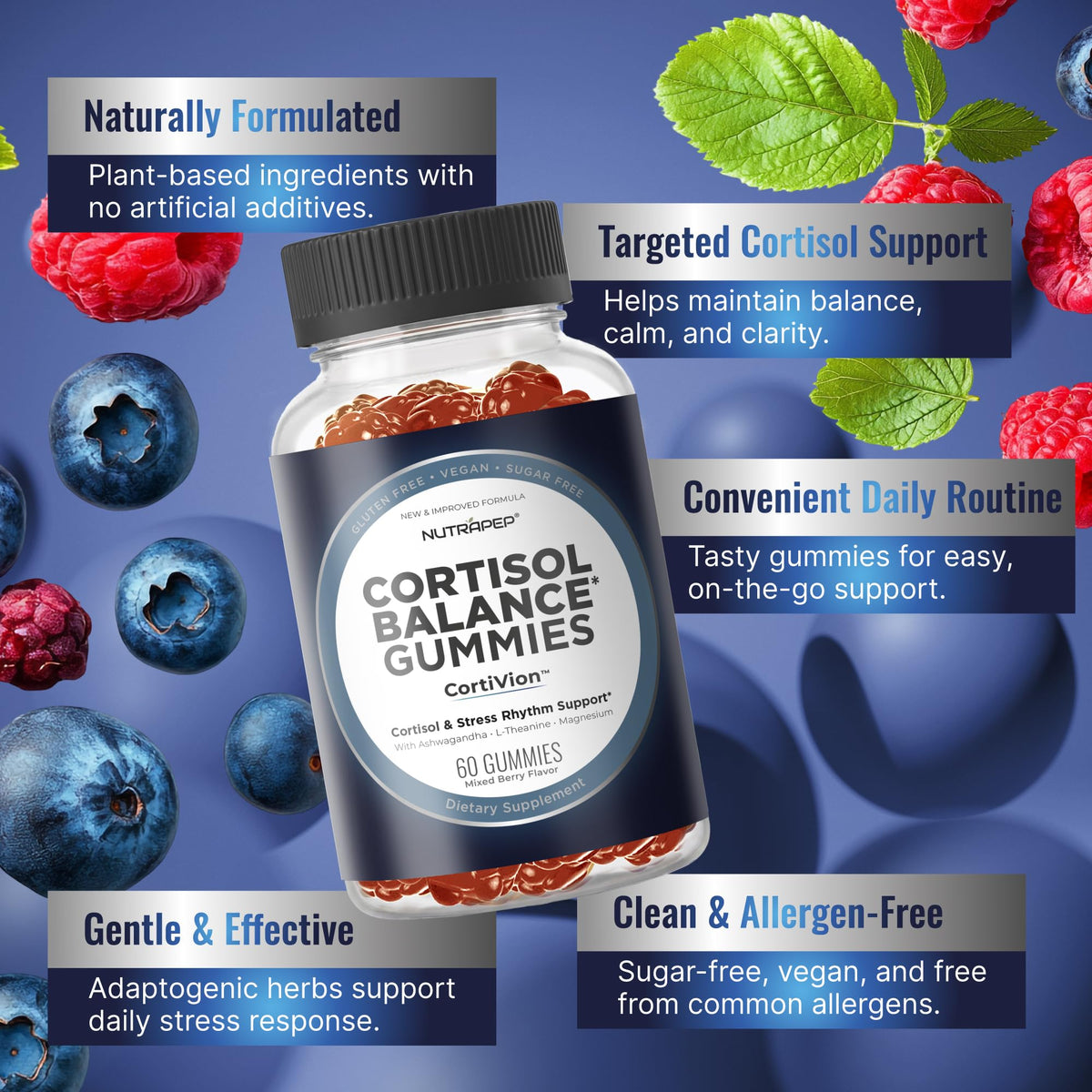 NutraPep Cortisol Gummies on a wooden table