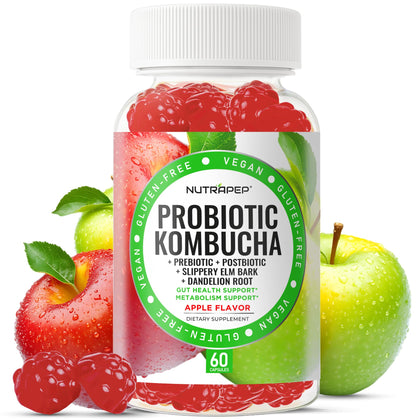 NutraPep Probiotic Kombucha Gummies bottle front view with apple flavour