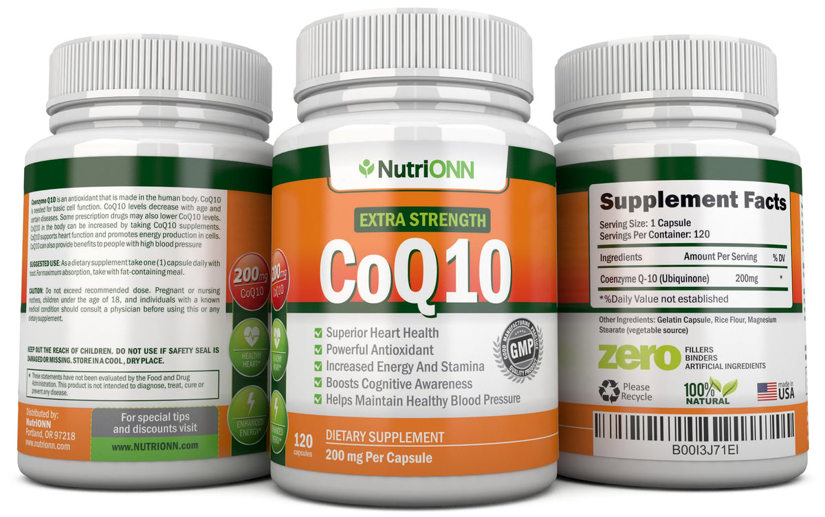 NutriONN CoQ10 200mg capsules on a wooden surface