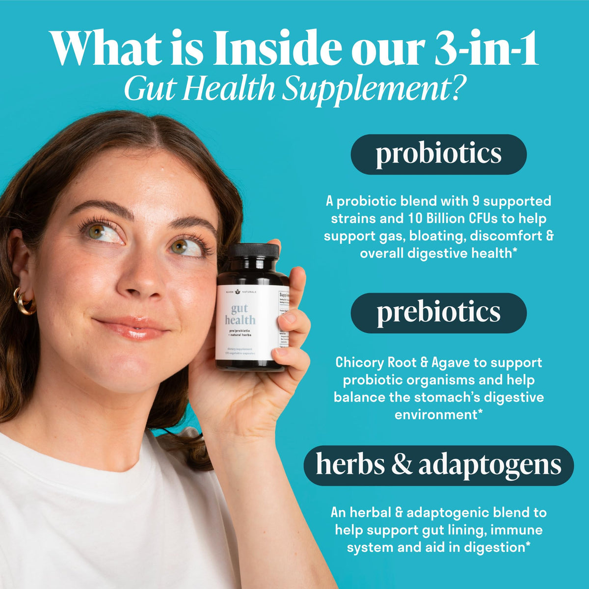 Nuven Naturals All-in-One a daily routine Supplement capsules in a clear glass