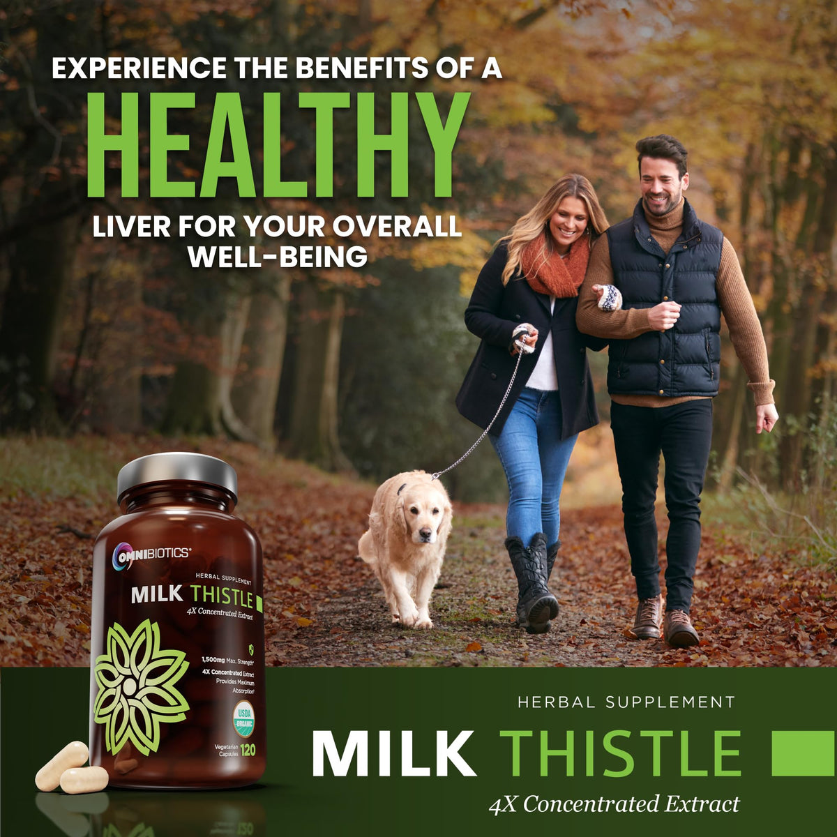OmniBiotics Organic Milk Thistle Supplement 1500mg capsules in hand