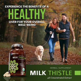 OmniBiotics Organic Milk Thistle Supplement 1500mg capsules in hand