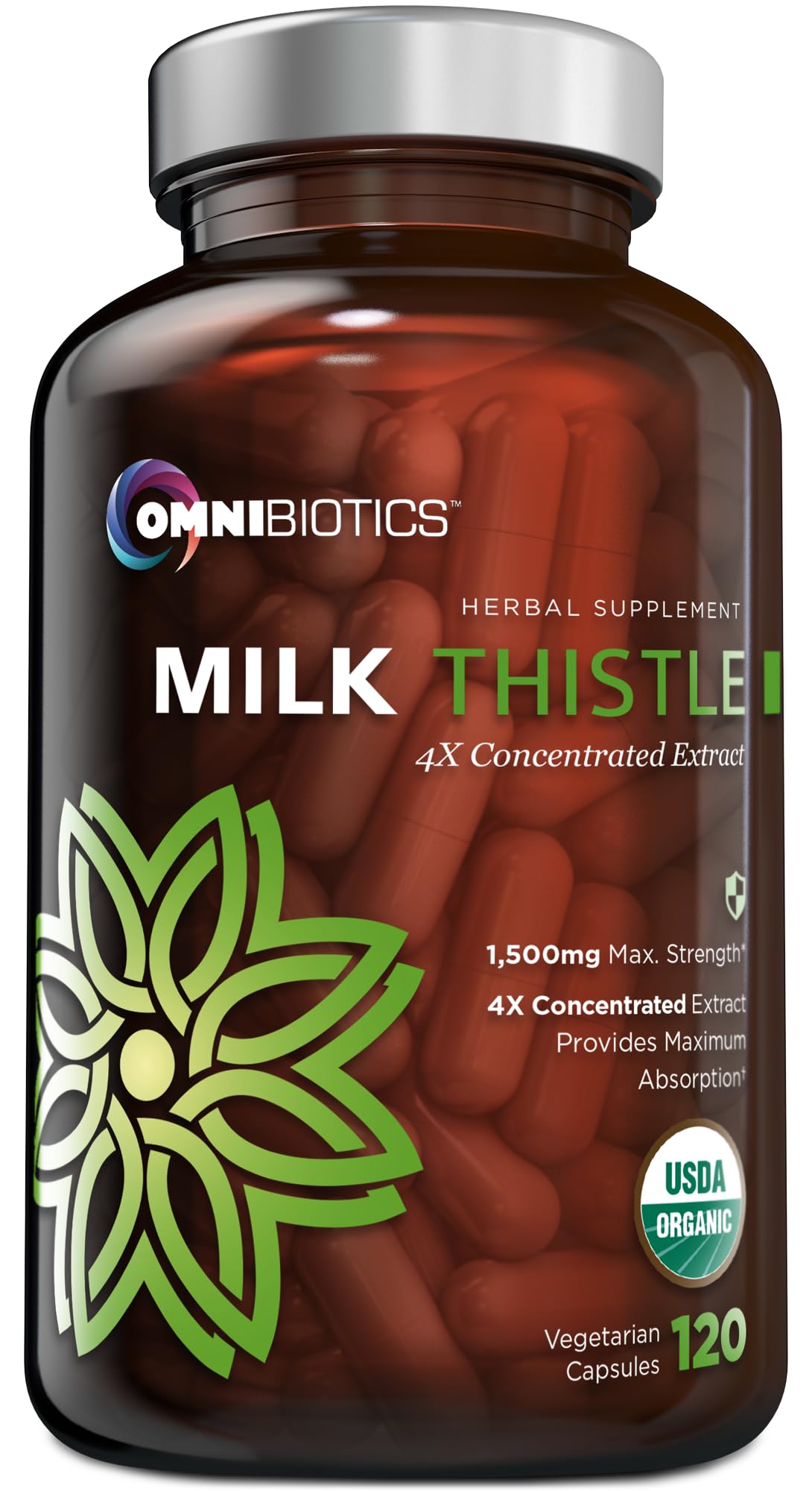 OmniBiotics Organic Milk Thistle Supplement 1500mg front view