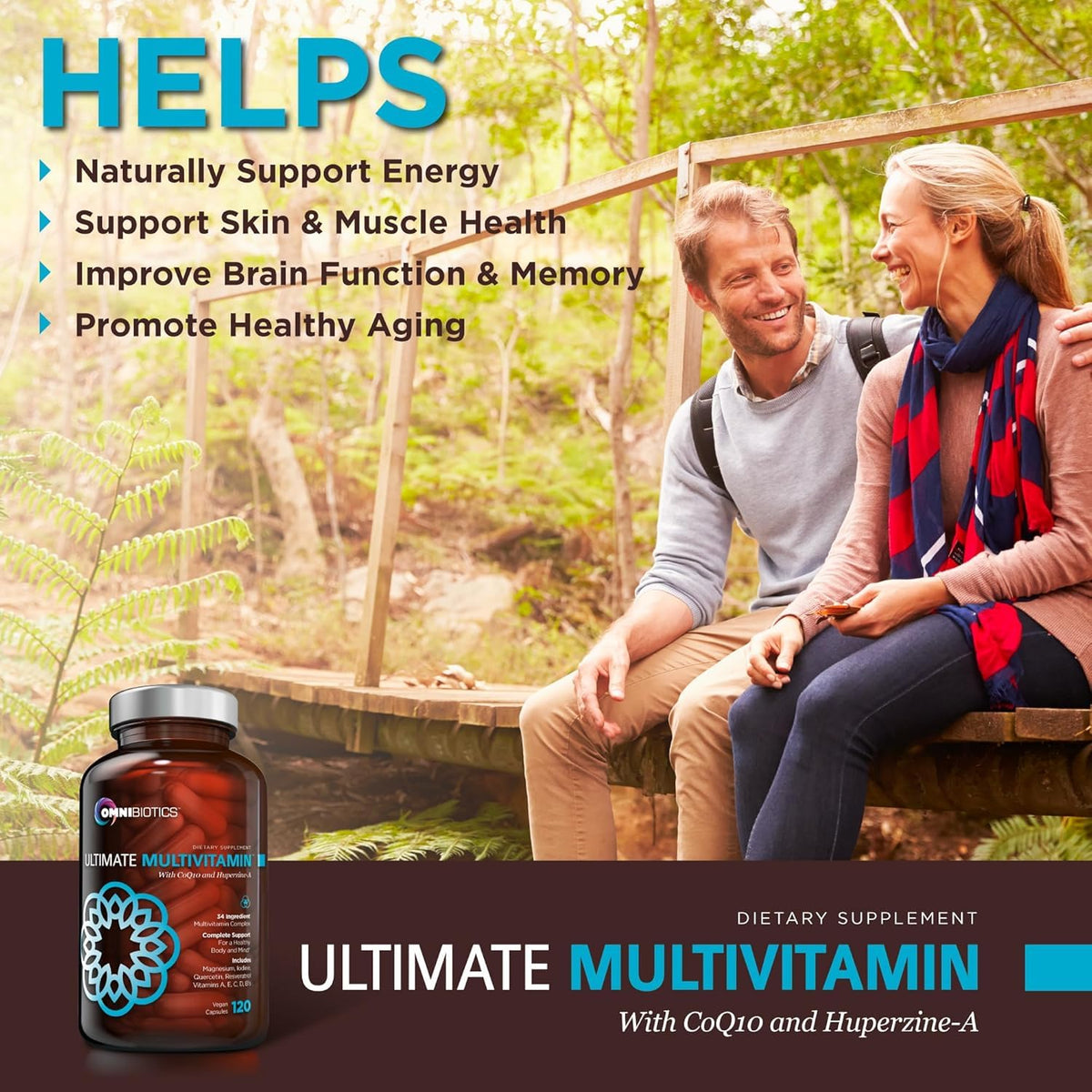 OmniBiotics Ultimate Daily Multivitamin capsules on a wooden table