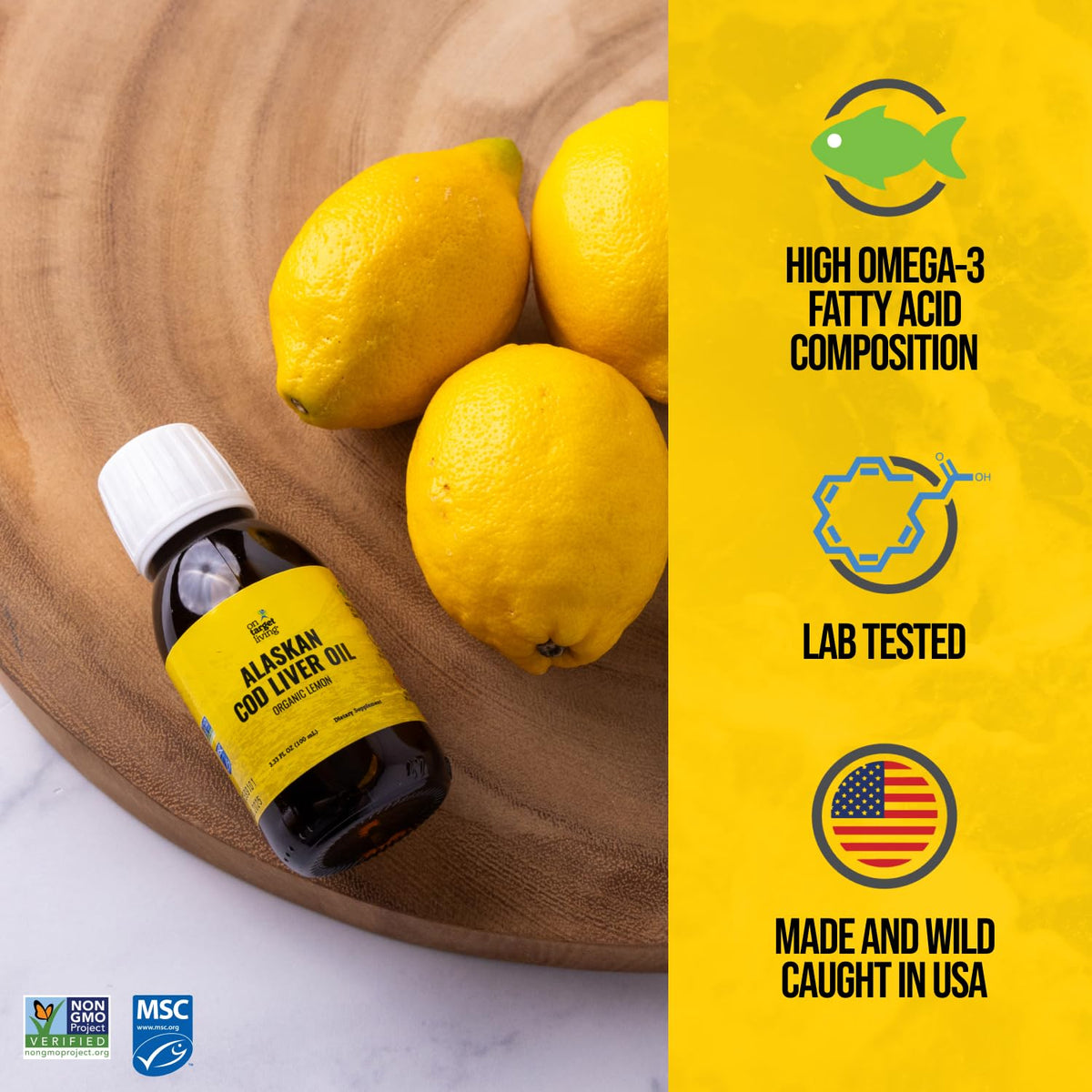 On Target Living Alaskan Cod Liver Oil with organic lemon flavour bottle