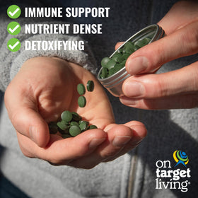 On Target Living Organic Spirulina Chlorella 250 Tablets with measuring spoon