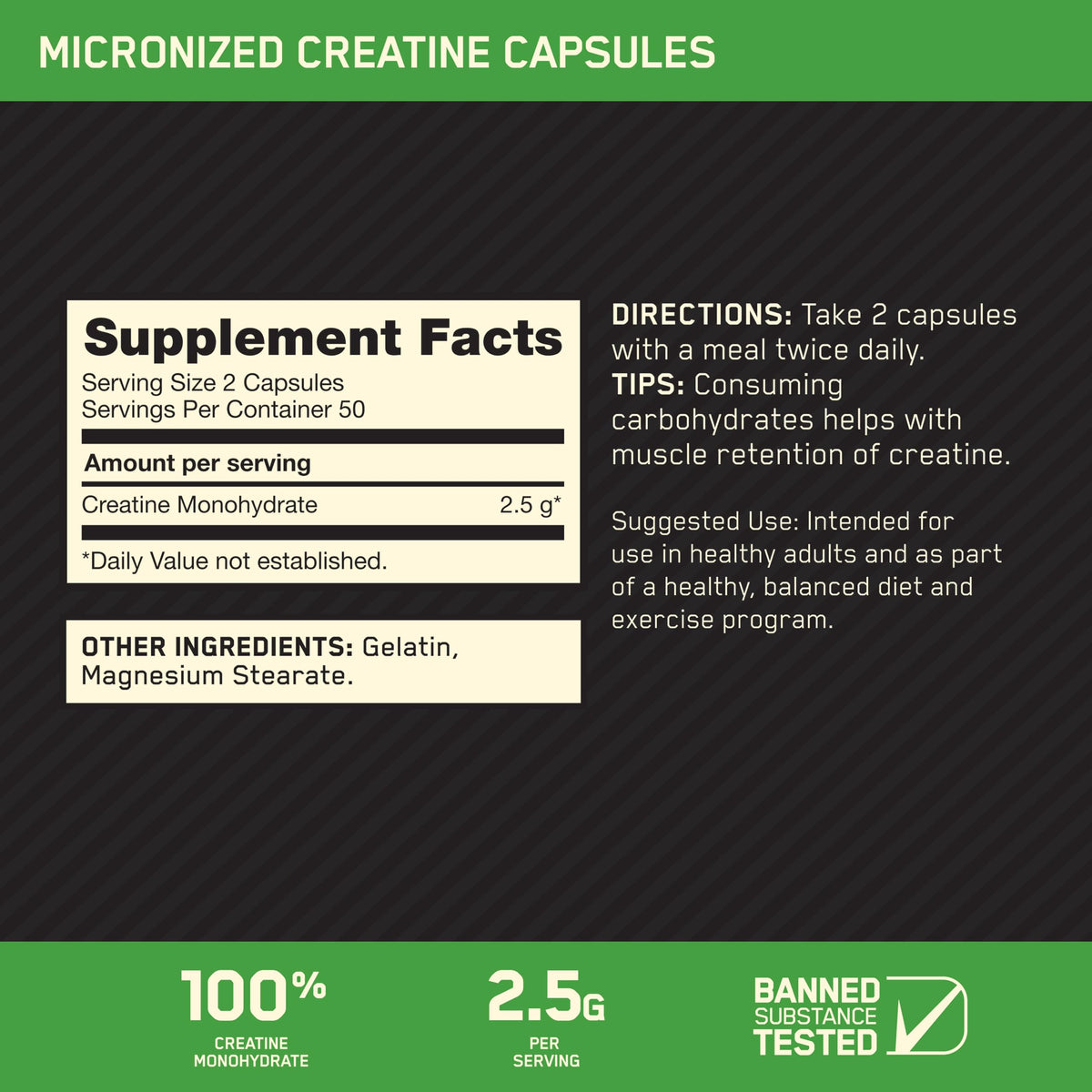 Optimum Nutrition Creatine Monohydrate Capsules side view