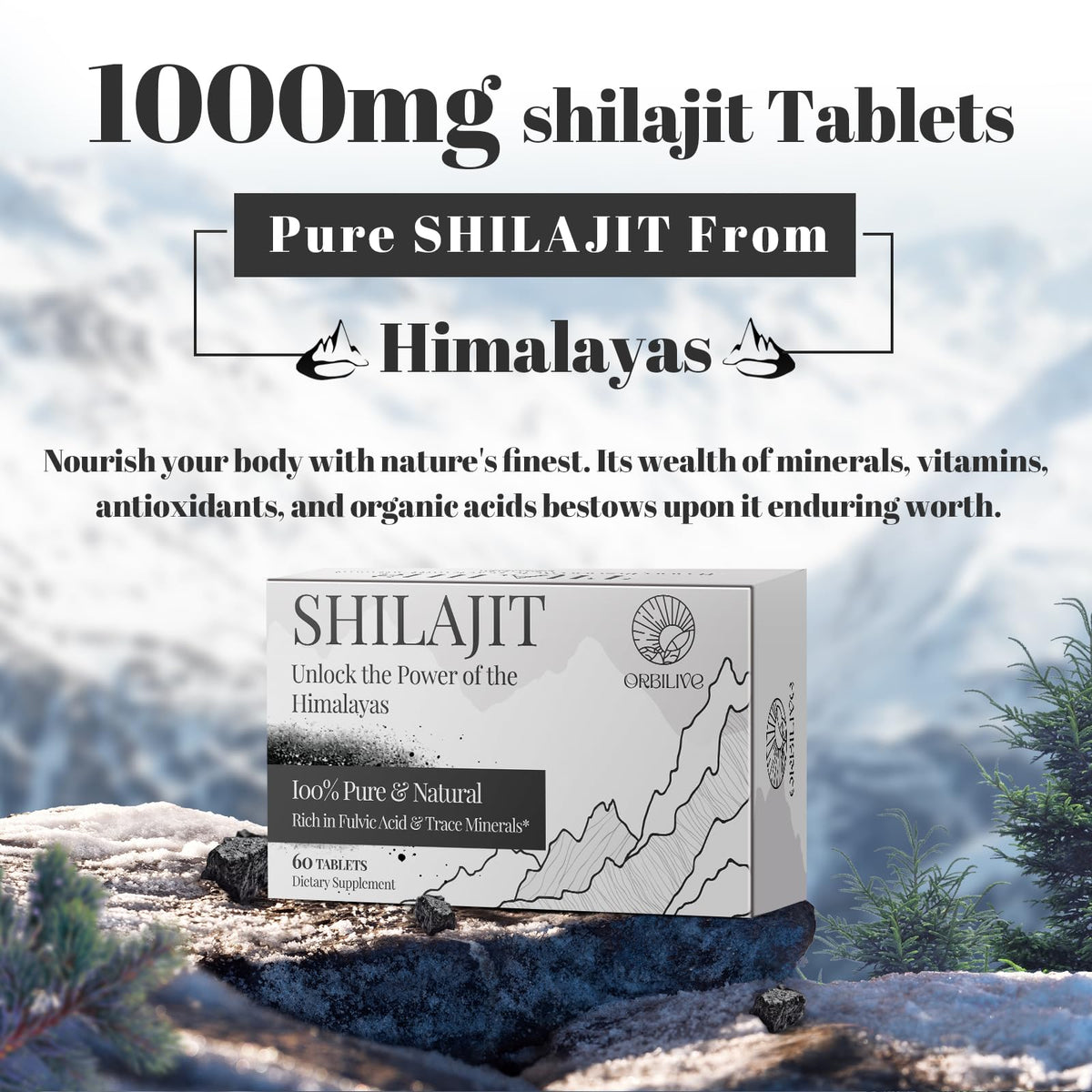 ORBILIVE Shilajit Tablets 1000 MG back view of packaging