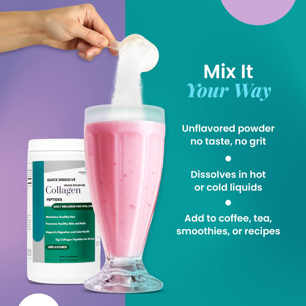 Organic Excellence Collagen Peptides Powder in a cup of coffee