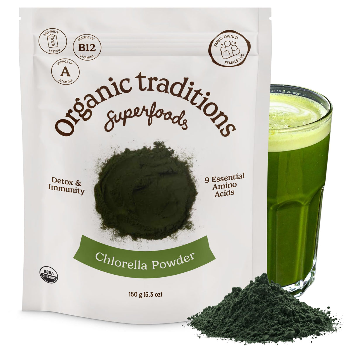 Organic Traditions Chlorella Algae Powder 5.3oz front view