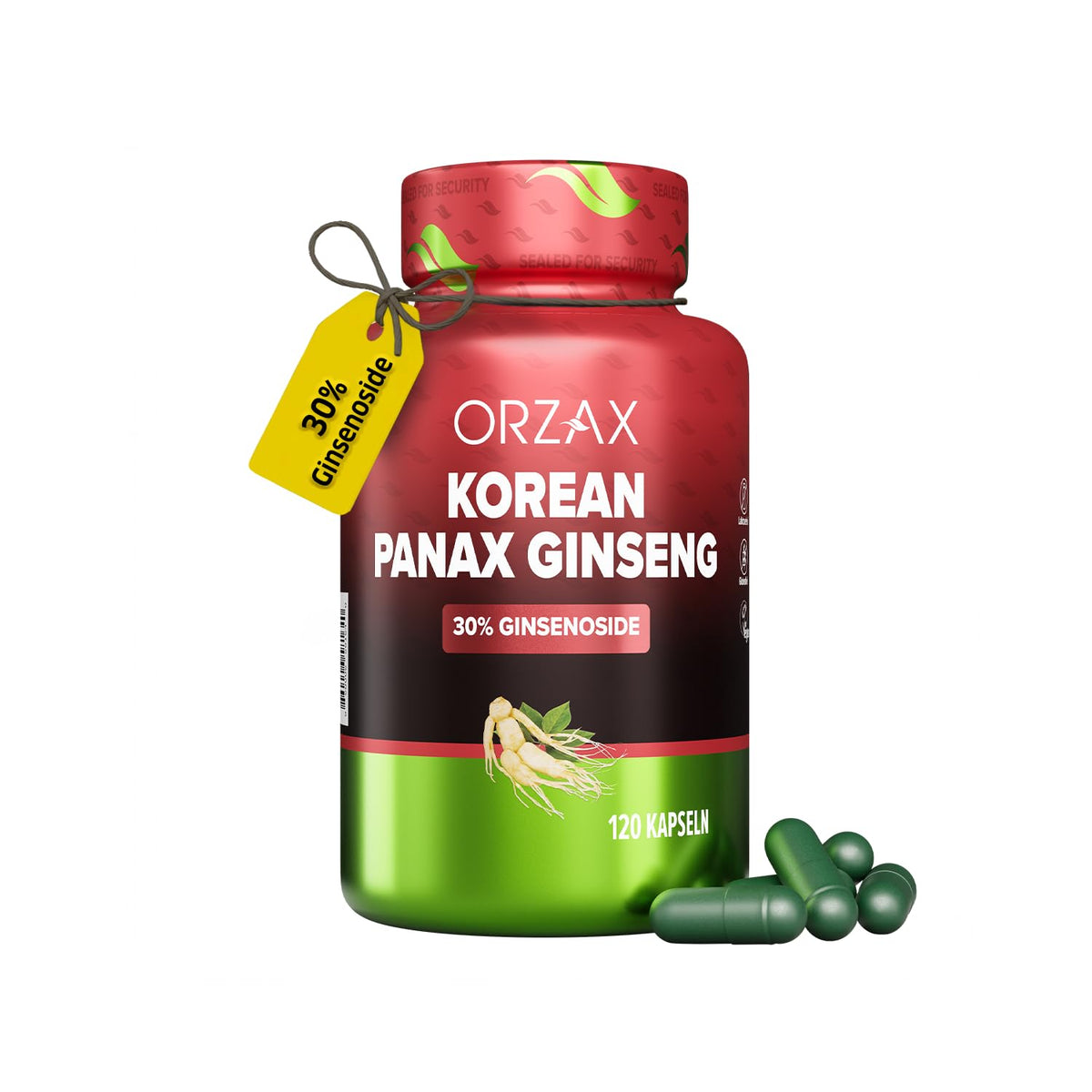 ORZAX Korean Panax Ginseng Capsules front view with 120 veg capsules