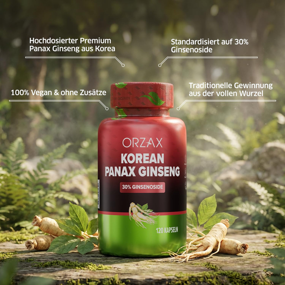 ORZAX Korean Panax Ginseng Capsules side view showing bottle details