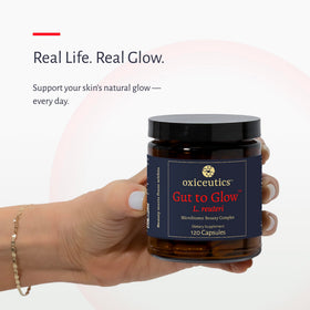 Oxiceutics Gut to Glow L. reuteri Probiotic bottle with marine collagen