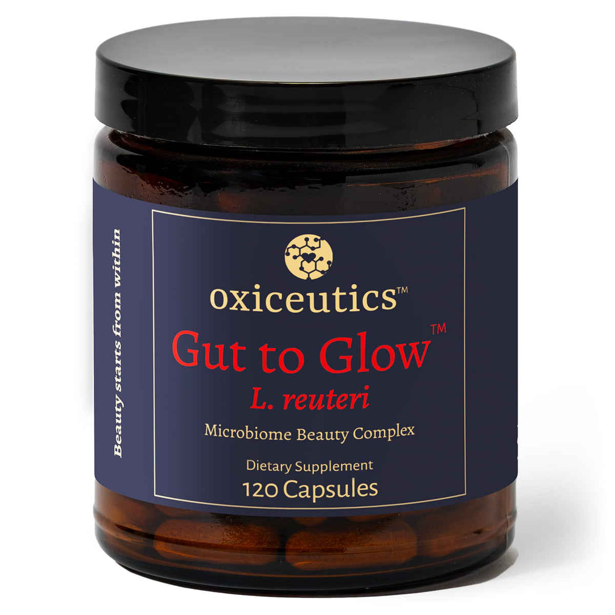 Oxiceutics Gut to Glow L. reuteri Probiotic capsule bottle front view