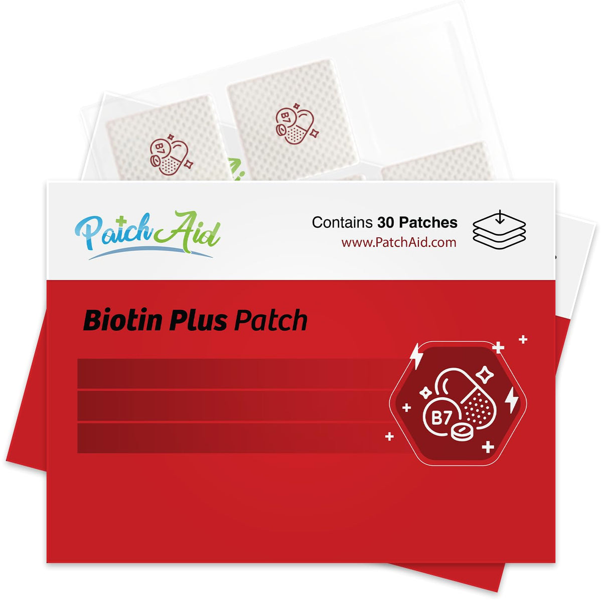 Patch Aid Biotin Plus Topical Patch front view with packaging