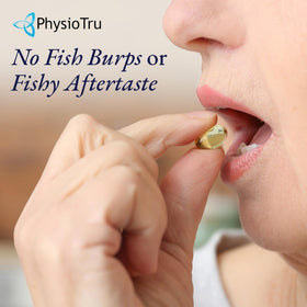PhysioTru Omega 3 Fish Oil softgels in a hand