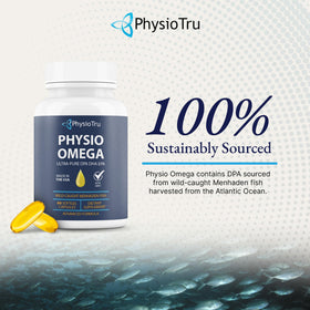 PhysioTru Omega 3 Fish Oil softgels on a kitchen counter