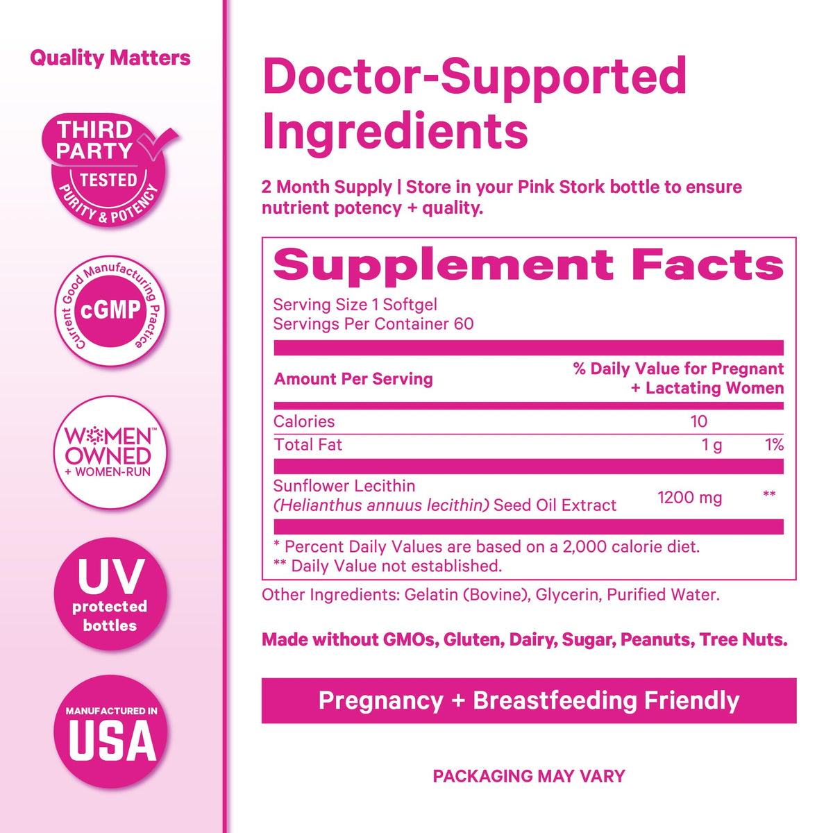 Pink Stork Sunflower Lecithin Supplement 1200 mg softgels opened bottle