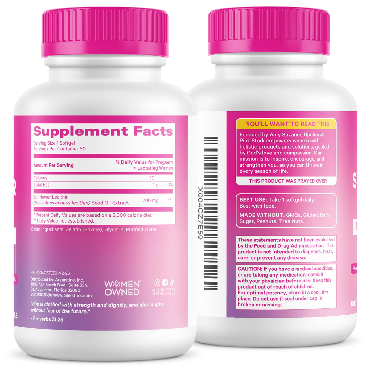 Pink Stork Sunflower Lecithin Supplement 1200 mg softgels with floral background