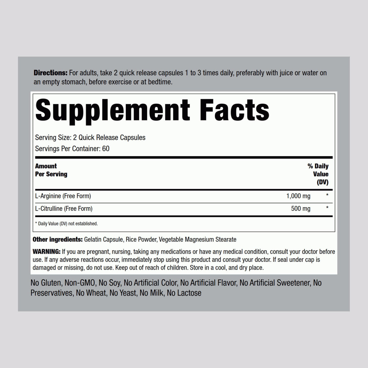 Piping Rock L-Arginine L-Citrulline Supplement 1500 mg capsule side view