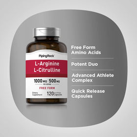 Piping Rock L-Arginine L-Citrulline Supplement 1500 mg capsules on a wooden table