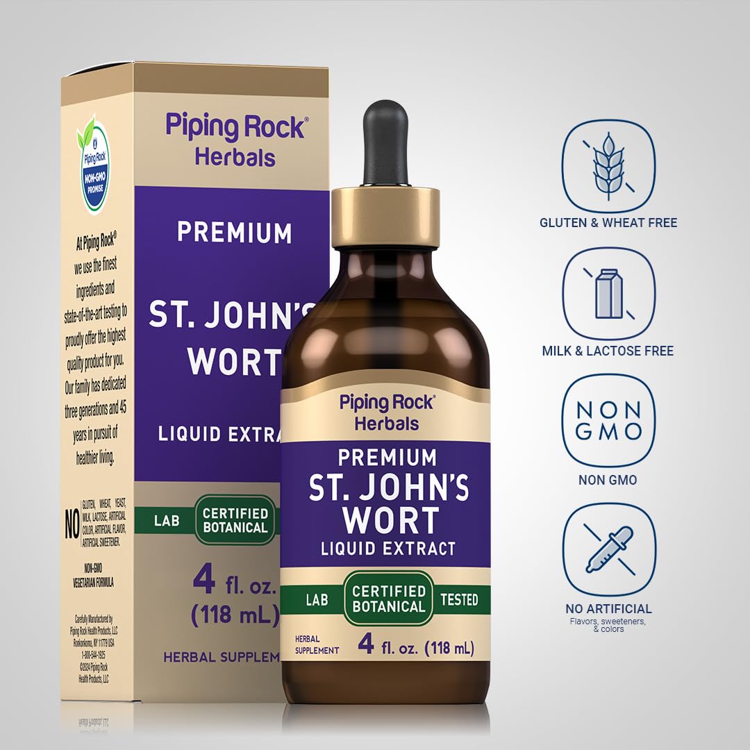 Piping Rock St John's Wort Liquid Herbal Extract 4 Fl Oz label close-up