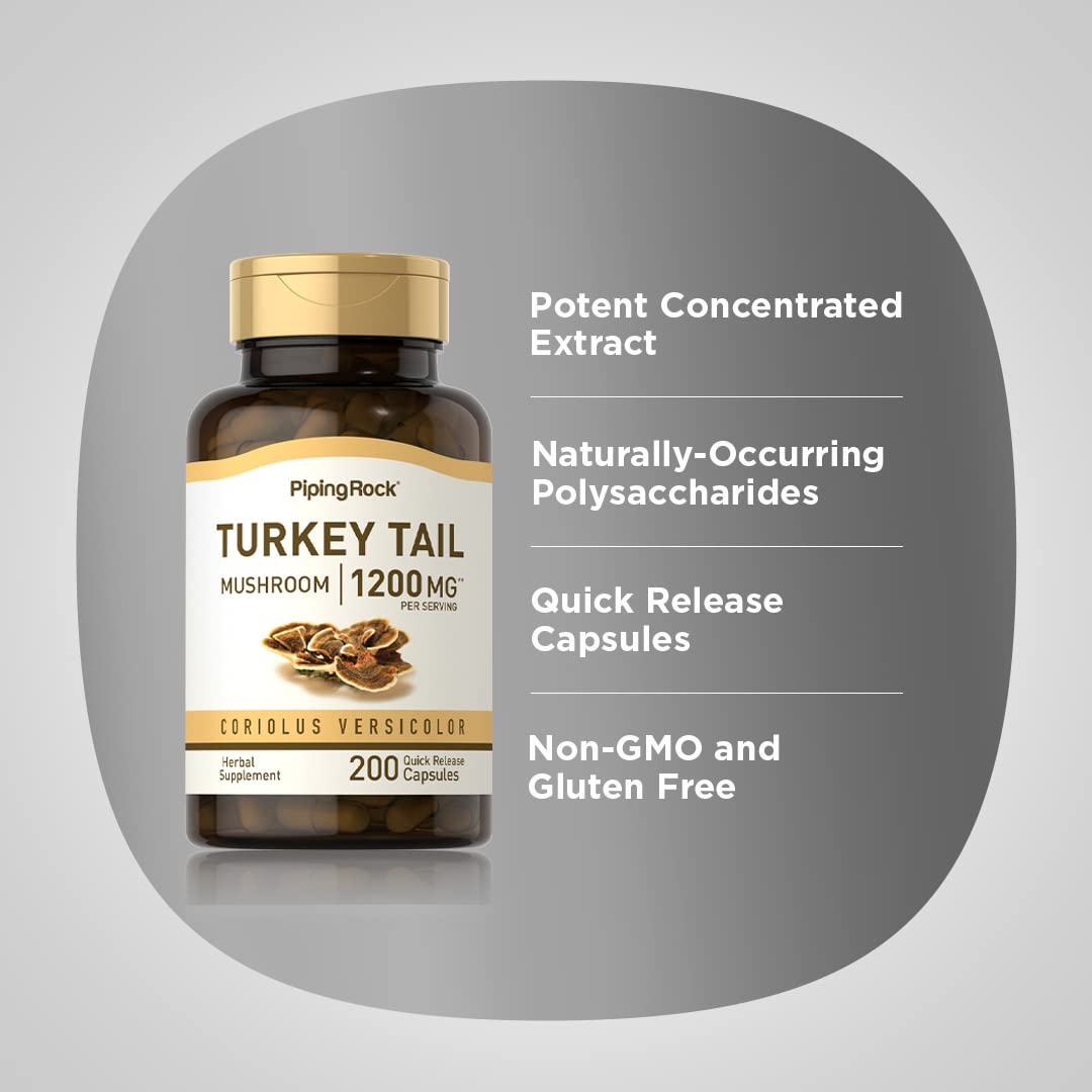 Piping Rock Turkey Tail Mushroom Capsules on a wooden table