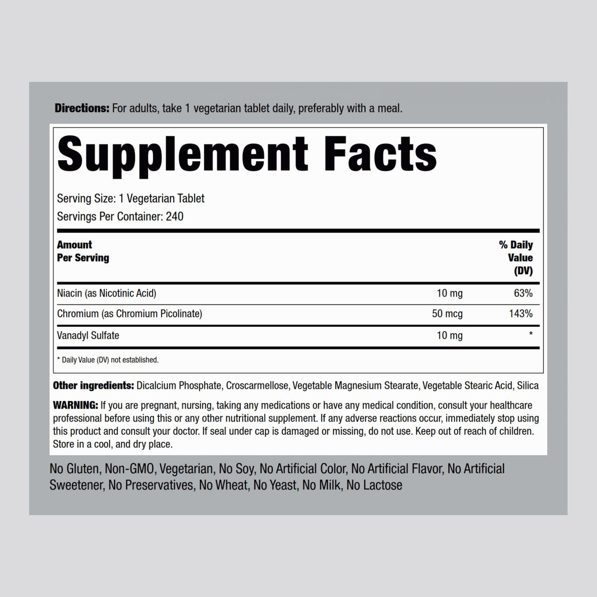 Piping Rock Vanadyl Sulfate 240 Tablets bottle side view