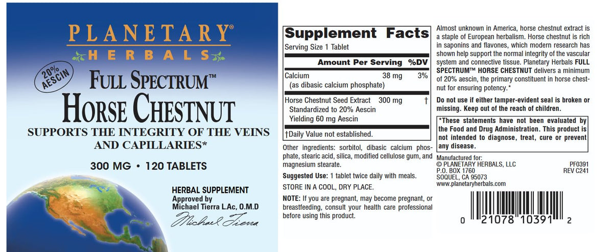 Planetary Herbals Full Spectrum Horse Chestnut 500 mg with a measuring spoon