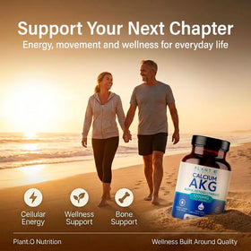 PLANT.O NUTRITION Calcium AKG Monohydrate capsules on a wooden table