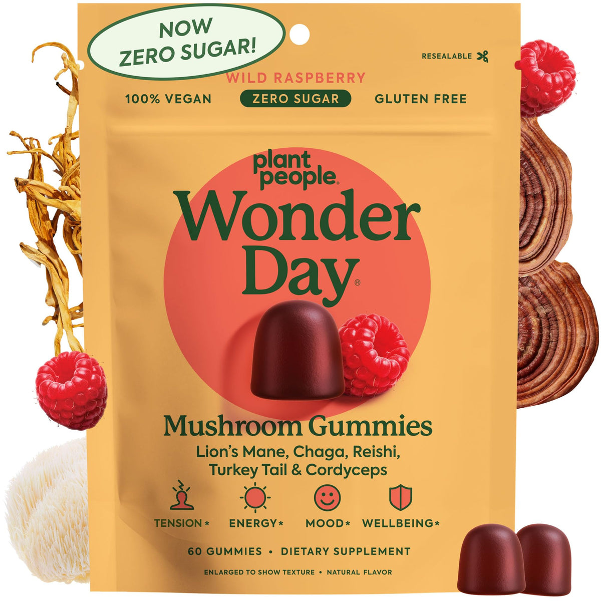 Plant People WonderDay Mushroom Gummies front view with raspberry flavour